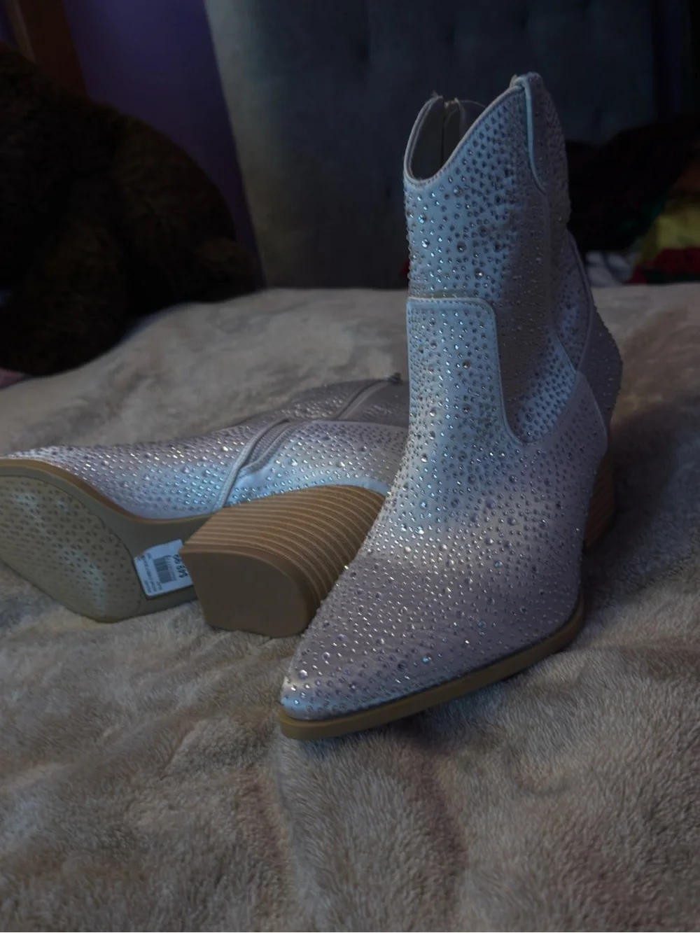 Crystal-Embellished Pointed Ankle Booties - Light Gray